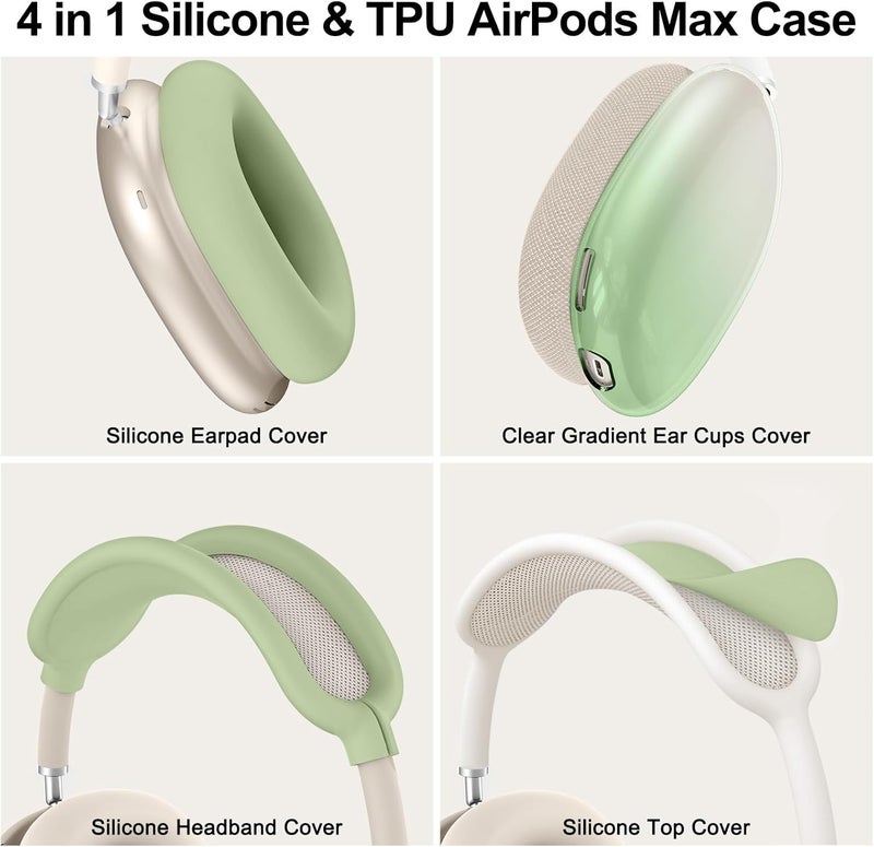 MINDRESY [4 in 1] Silicone Case Cover for AirPods Max, Clear Gradient Soft TPU Ear Cups Cover/Ear Pad Case Cover/Headband Cover Transparent Accessories for Apple AirPods Max (2024/2020)(USB-C/Lightning), Green - Image 3